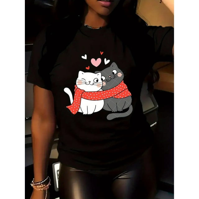 Camiseta deportiva informal de talla grande para mujer, con estampado de gato y corazón para San Valentín, ideal para adultos, hombres, mujeres, adolescentes y jóvenes.