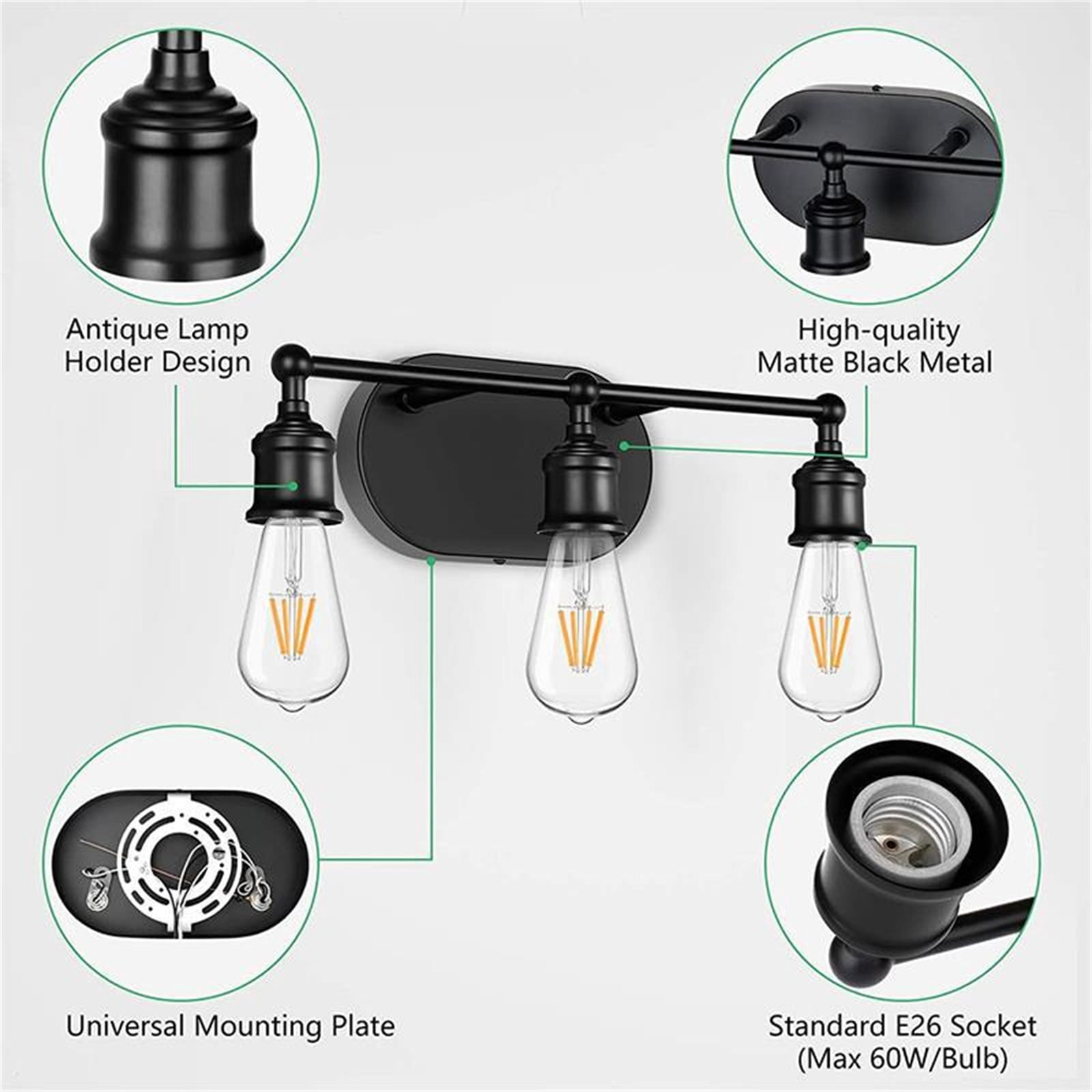3-Light Matte Black Vanity Light Fixture, Industrial Wall Sconce with E26 Socket, Up/Down Mountable Bathroom Light (Bulb Not Included)