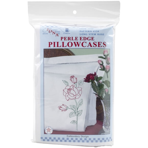 Stamped Pillowcases W/White Perle Edge 2/Pkg-Long Stem Rose