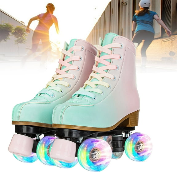 Roller Skates for Girls, Women Double-Row Quad Kids Roller Skates Beginners, Green & Pink Gradient, Youth 3