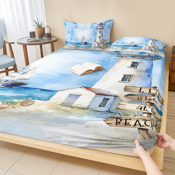 Full Size Fitted Sheet Set - Nautical Blue 3 Piece Bedding Sets 16" Deep Pocket Fitted Sheet with 2 Pillowcases Lighthouse Ocean Sailboat Summer Painting Brushed Microfiber Hotel Luxury Bed Sheets