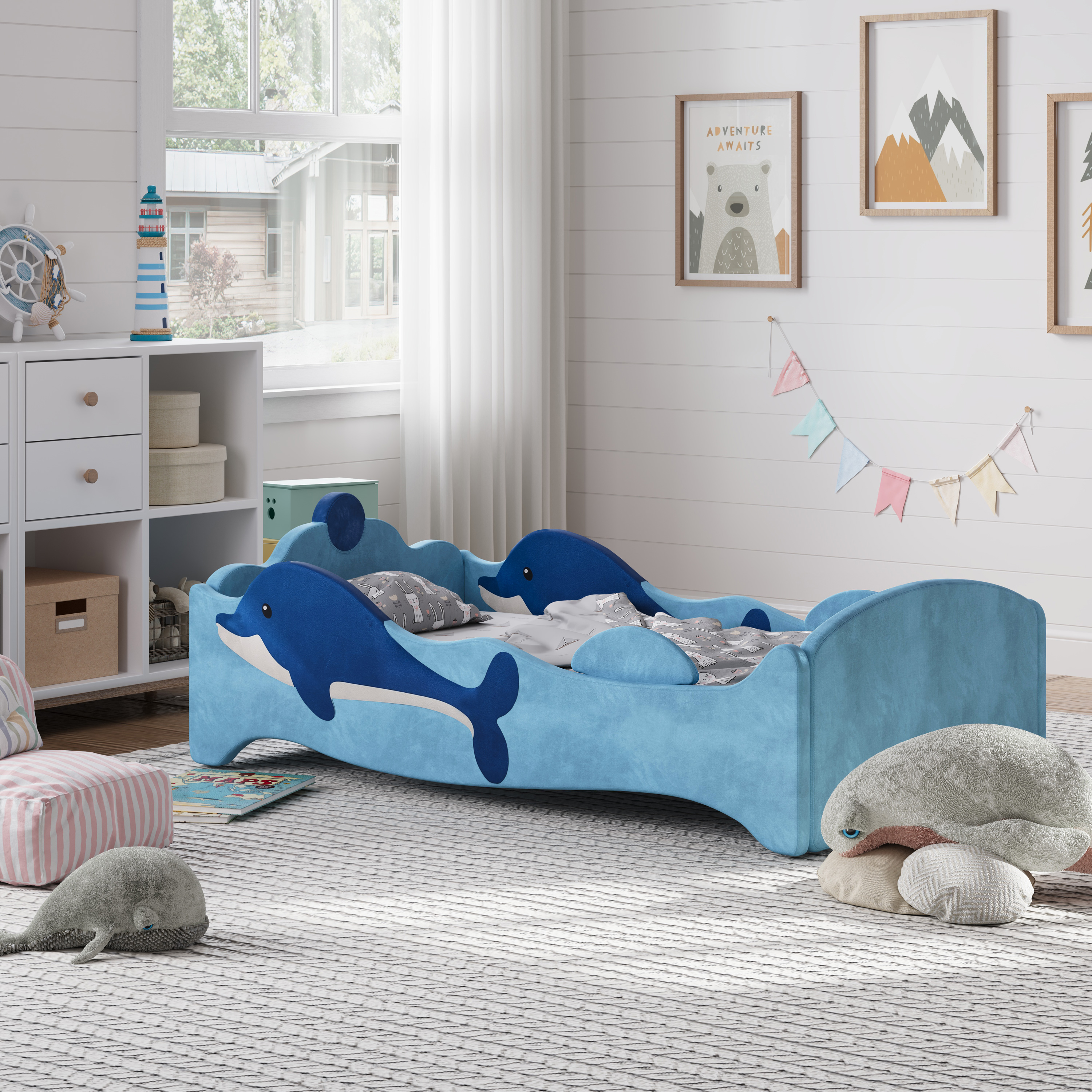 Ages 18+ Months Old Kids with Removable Safety Guard Rails, Low to Ground Design, Certified Fabric Beds (Khaki)