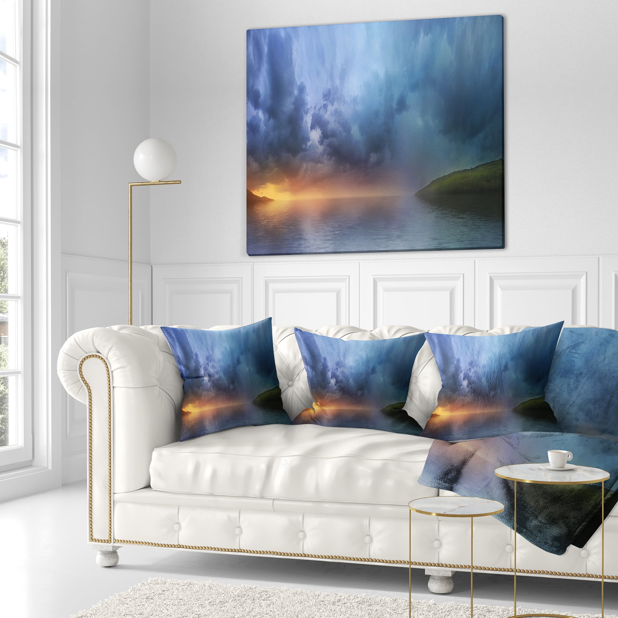 Designart Dense Blue Clouds Over Lake - Skyline Photography Throw Pillow - 16x16
