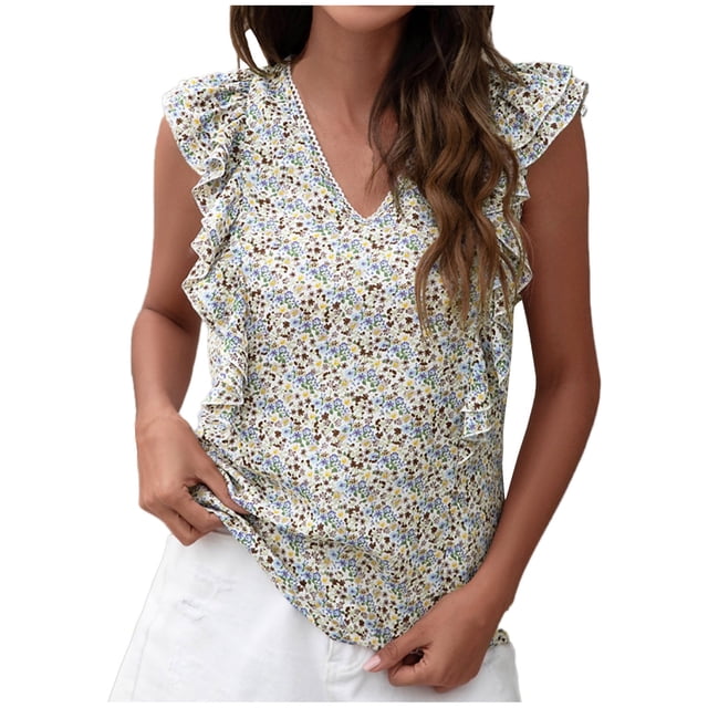 Blusa sin mangas con cuello en V y estampado informal de verano para mujer a la moda Fridja gh1280