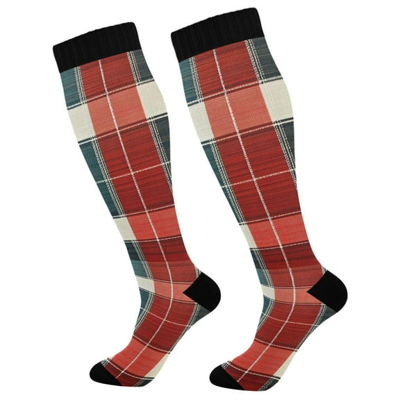 FORMRS Womens Knee High Socks Casual Long Thick Travel Daily Wear, 1 Pair, Vibrant Red Tartan Pattern