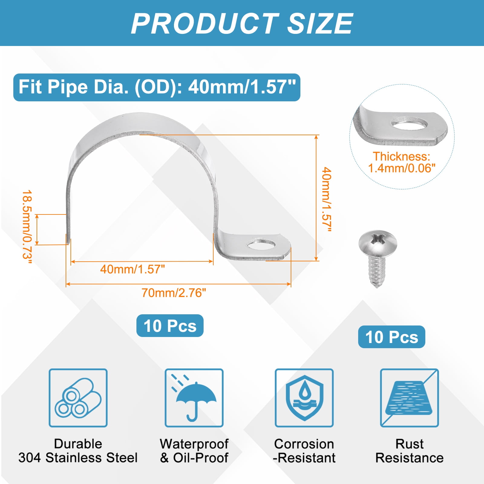 Uxcell 10Pcs 1.6" Pipe Strap, 1 Hole Pipe Clamp 304 Stainless Steel Rigid Conduit Clamp U Bracket Heavy Duty with Self-Tapping Screws for Tube Installation, Silver