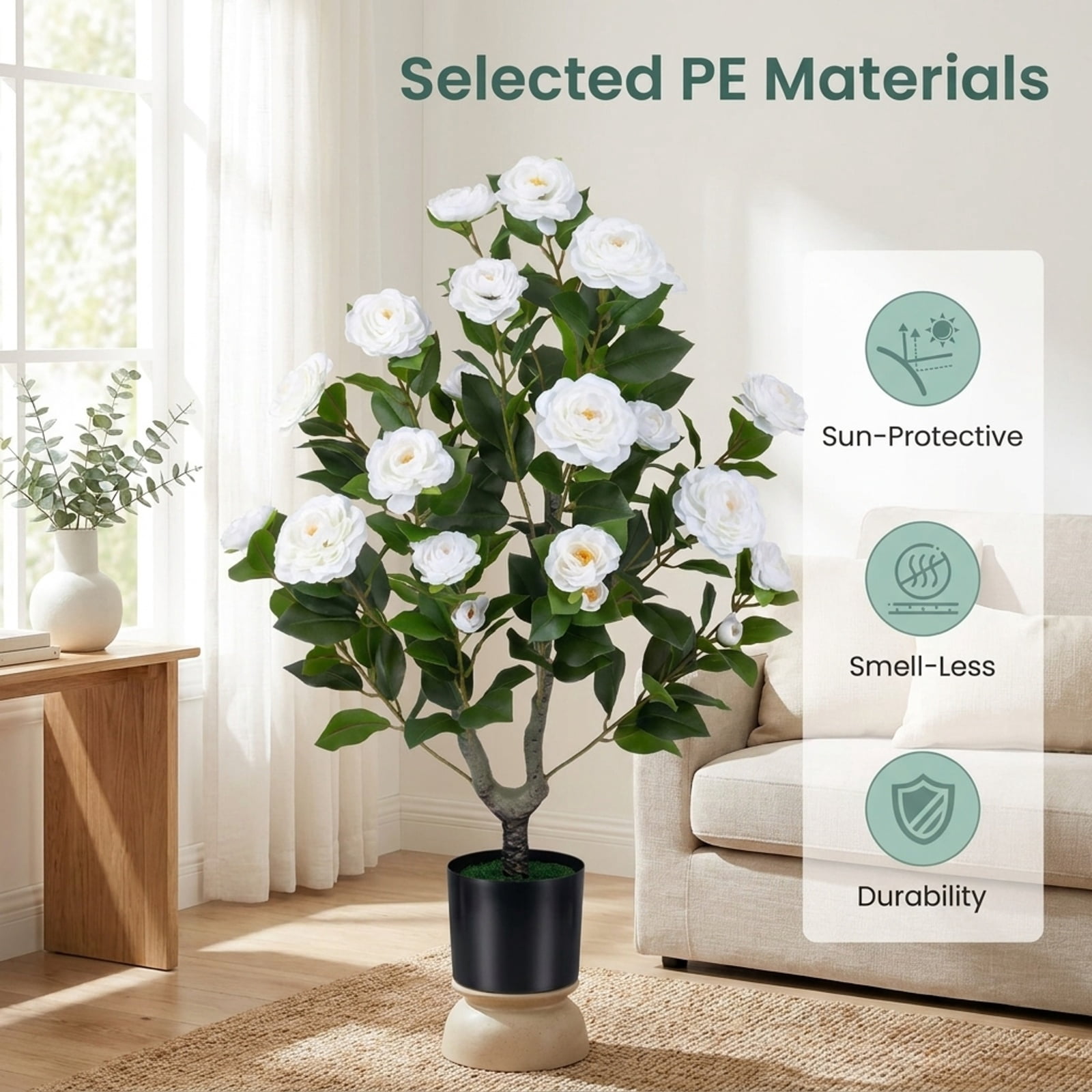 Vebreda Artificial Plant Decor, Artificial Camellia Tree Faux Flower Plant in Cement-Filled Pot, Lifelike & Elegant Design, Selected PE Materials