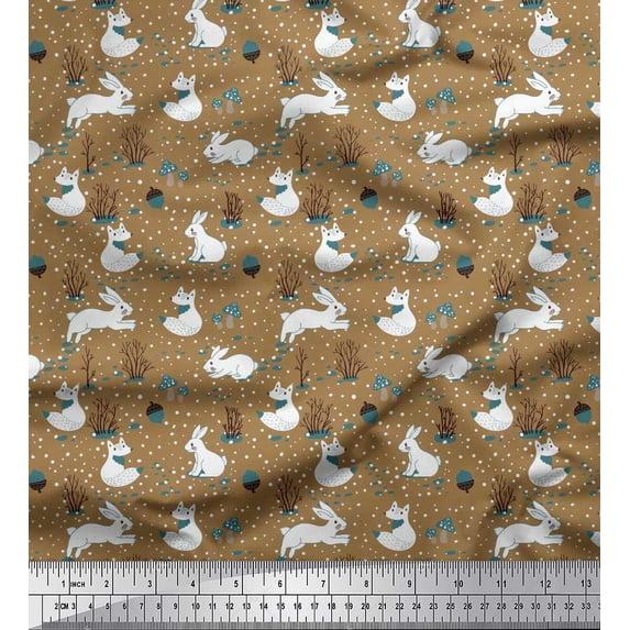 Soimoi Brown Polyester Crepe Fabric Mushroom,Oaknut & Rabbit Animal Printed Craft Fabric by The Yard 52 Inch Wide