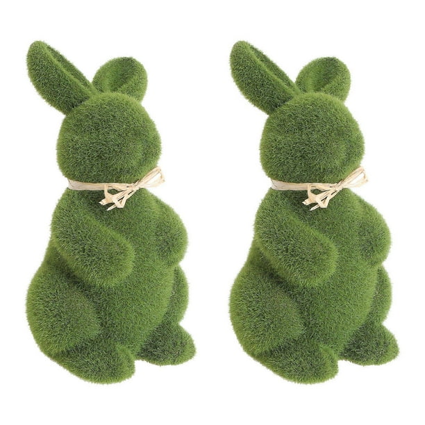 2pcs Lifelike Bunny Figurine Creative Short Plush Simulation Moss Rabbit Ornaments for Easter Home Office Living Room Decoration (Green)