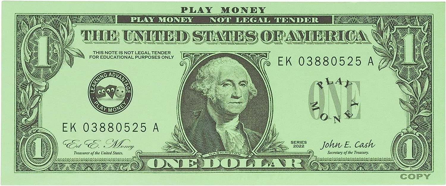 LEARNING ADVANTAGE One Dollar Play Bills - 100 $1 Paper Bills - Realistic Dollar Design and Size - Teach Currency, Counting and Math with Fake Cash