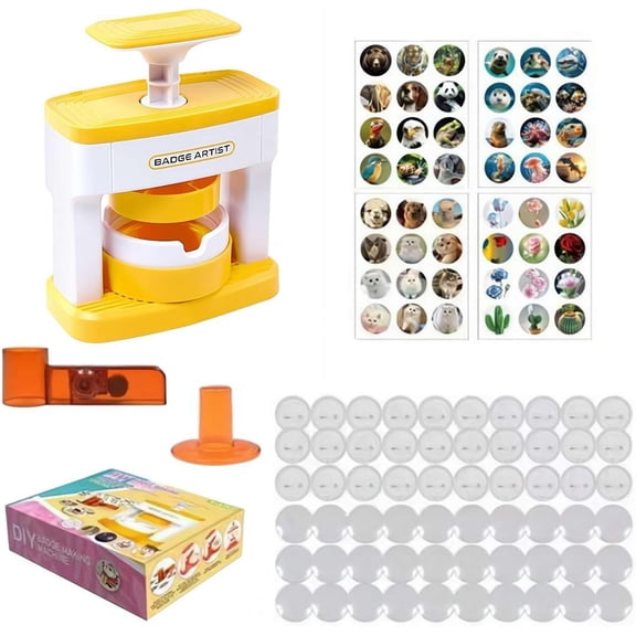 Badge Maker Machine – DIY Button Press Kit with Circle Cutter, Plastic Button Parts & Stickers, Portable Manual Pin Badge Maker for Parties, Gifts and Personal Crafts