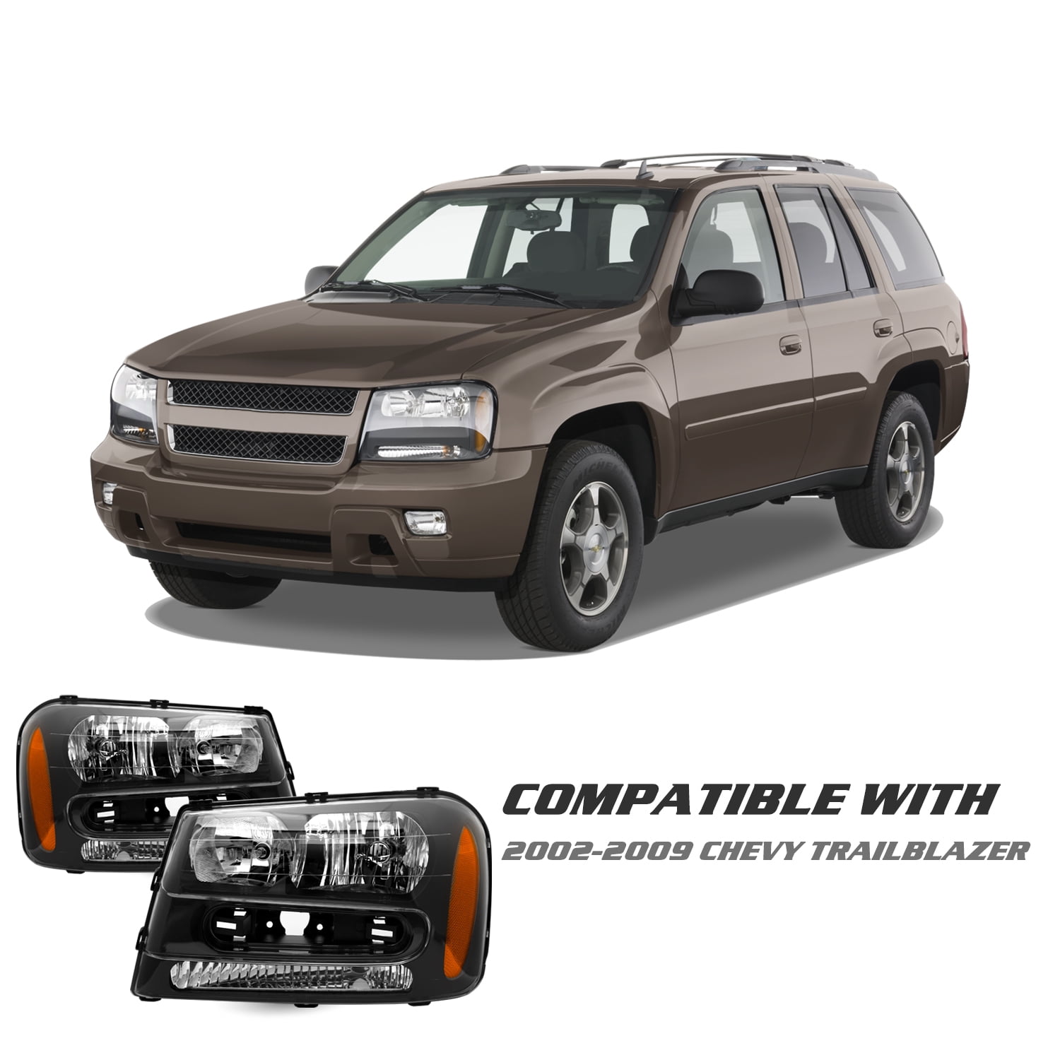 For 02-09 Chevy Trailblazer LS Black Housing Corner Headlights HeadLamps Pair