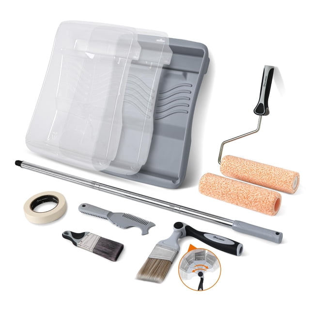 ROLLINGDOG 11 PC Paint Roller Kit-9 Inch Paint Rollers with Frame, Extension Pole, Paint Tray with Liners, Brushes, Paint Roller Cleaner an