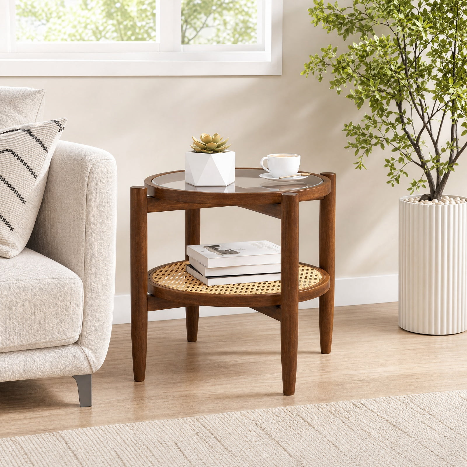 Furnibear Rattan Round Side End Table with Tempered Glass Tabletop and 2 Tier Acacia Wood Legs for Living Room Bedroom and Sofa Side, Walnut