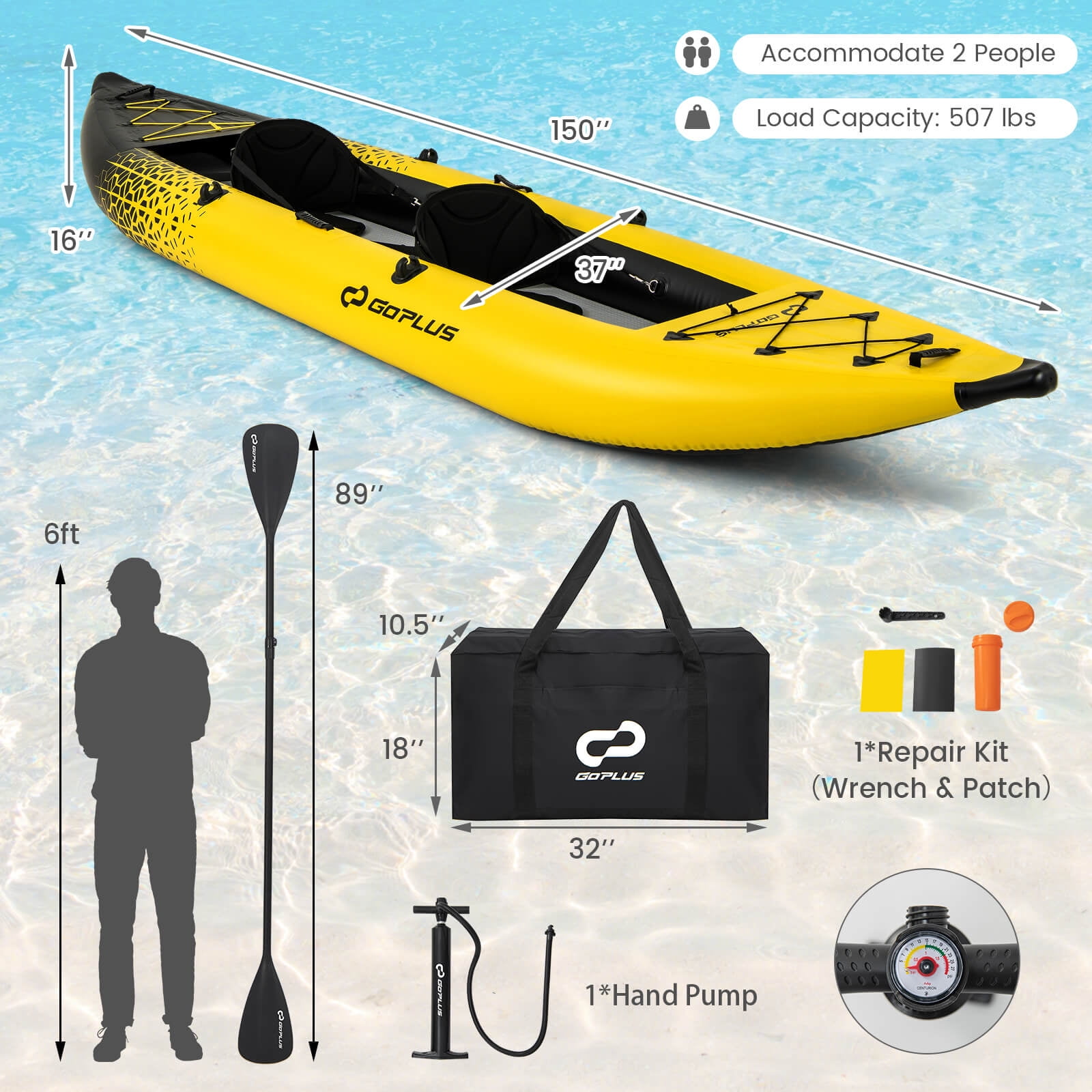 Infans Inflatable Kayak Set Portable 2-person Kayak with Aluminium Oars EVA Padded Seat