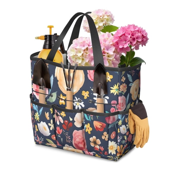 Garden Tool Bag,Pioneer Flower Floral Print Pattern Garden Tool Organizer,Garden Gifts,Waterproof Multi-Pocket Garden Tool Storage 11.8x5.5x11.4 Inch(Tools NOT Included)