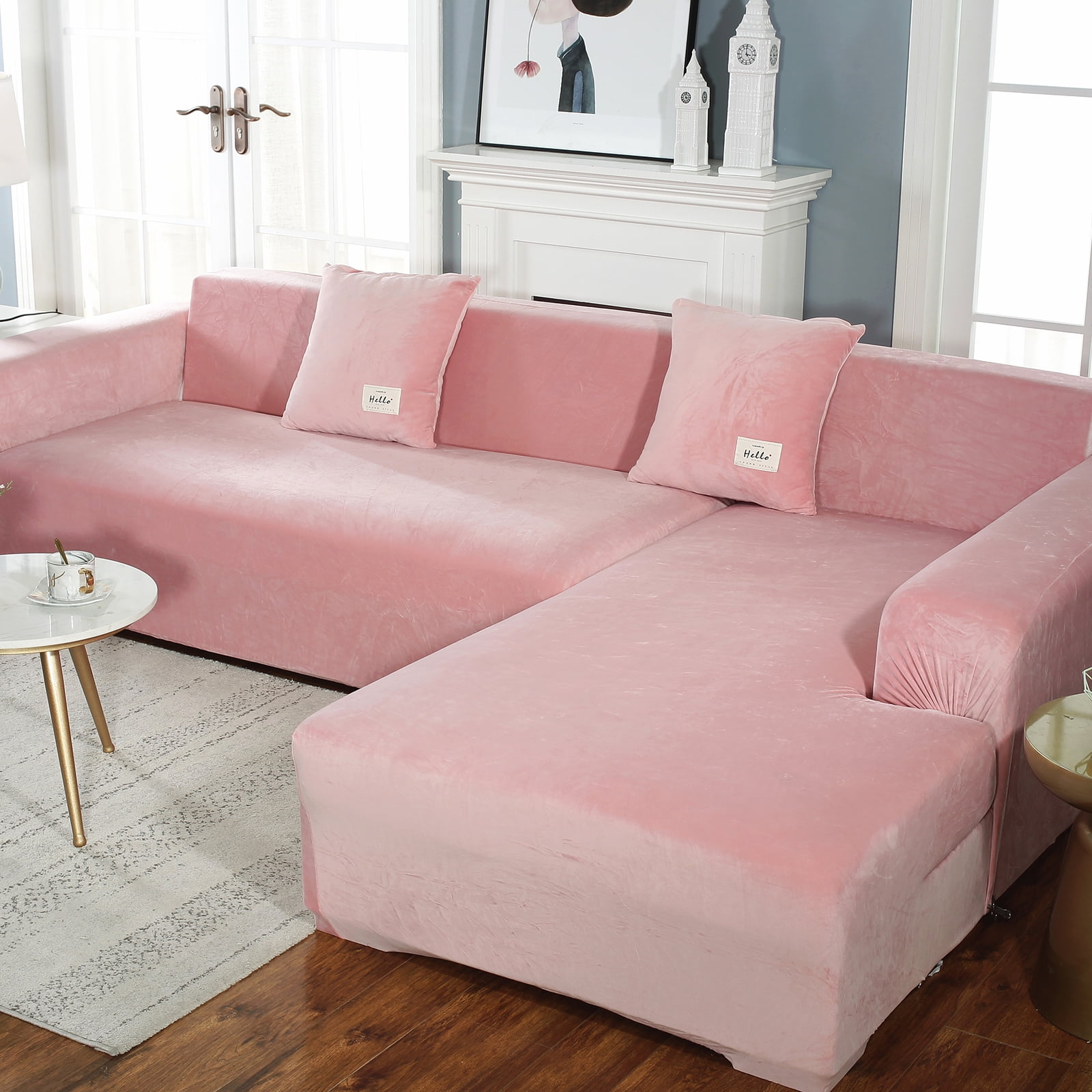 CJC Sectional Couch Covers, Velvet Stretch L Shape Sofa Covers, 2pcs Sofa Slipcovers for 3 + 4 Seaters Sectional Chaise Slipcover for Pets Kids, Pink