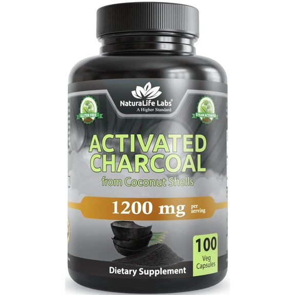 Activated Charcoal 1200 mg per Serving – from Coconut Shells – 100 Veg Capsules – Non-GMO, Gluten-Free, Vegan