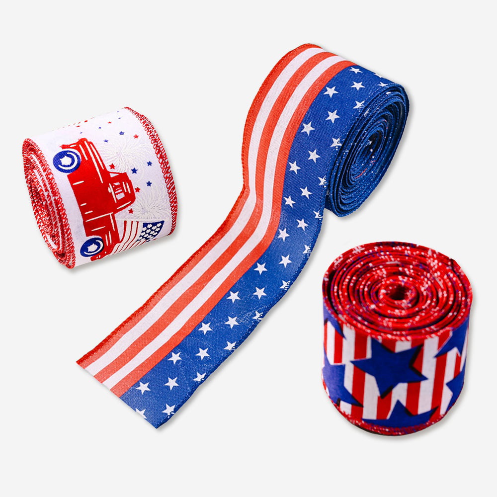 Veterans Day President's Day Decors 4th of July 3 Rolls Patriotic Wired Ribbons Independence Day Ribbon Patriotic Stripe Wired Ribbon USA Flag Star Ribbon 4th of July Ribbons for Memorial Day 