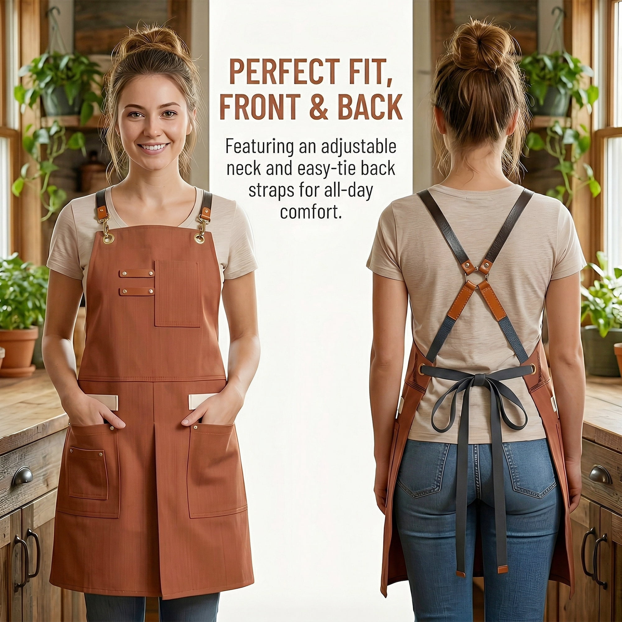 Unique Bargains Adjustable Long Waist Cooking Apron with Pockets for Kitchen Brick