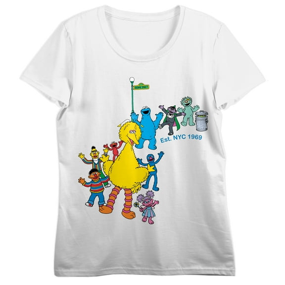 Sesame Street Character Line-Up Women's White Crew Neck Short Sleeve T-shirt-XXL