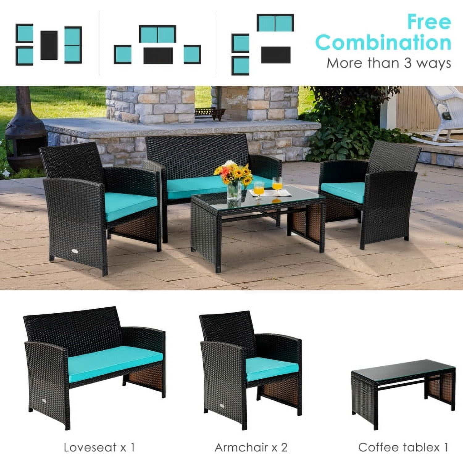 Aimee Lii 4 Pieces Wicker Patio Furniture Set, Coffee Table Cushioned Sofa, Modern Patio Furniture, Turquoise Aimee Lii 4 Pieces Wicker Patio Furniture Set, Coffee Table Cushioned Sofa, Modern Patio Furniture, Turquoise