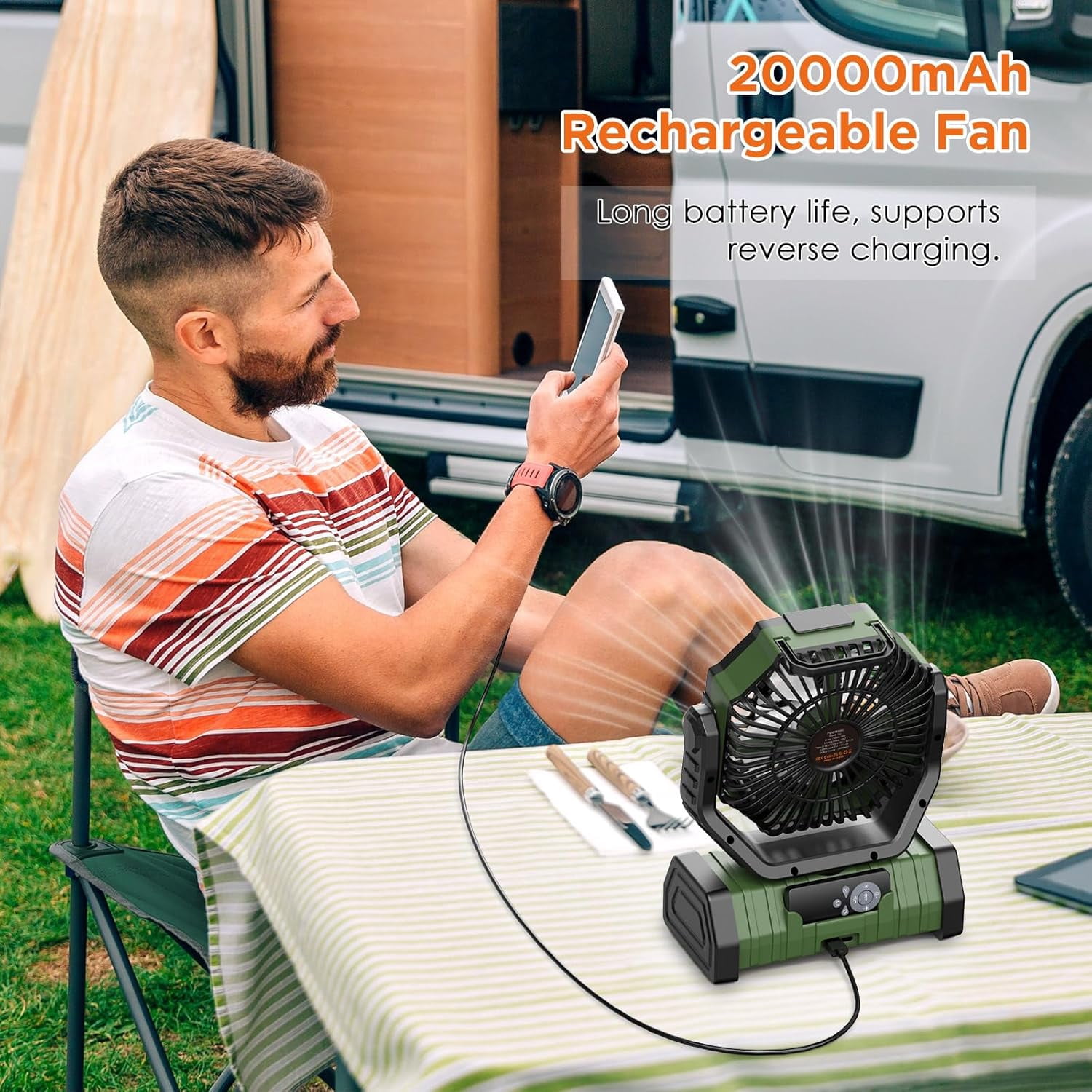 F6 Camping Fan, Portable Battery Powered Fan with 20000mAh Rechargeable Battery, LED Lantern, Remote & Oscillating - 4 Speed for Tent, Travel, Bedroom, Car, Outdoor Camping Essentials