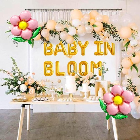 Golden "BABY IN BLOOM" letter balloons Pink flower aluminum film set - Three-dimensional decoration for baby parties, 11 letters and 2 flowers
