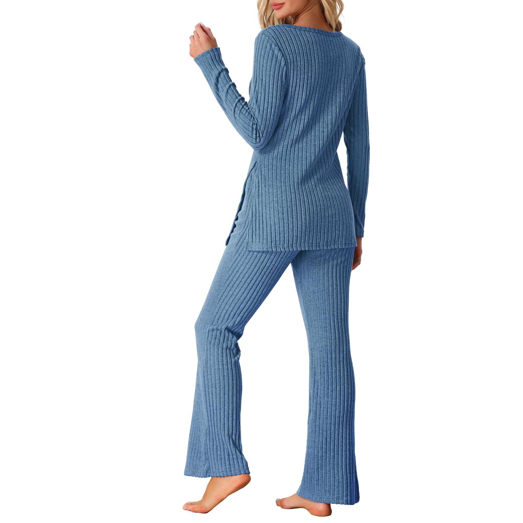 Unique Bargains Women s Ribbed Knit Lounge Set Long Sleeves Top and Pants Pajama Sets Two Piece Matching Outfits Set Blue XS