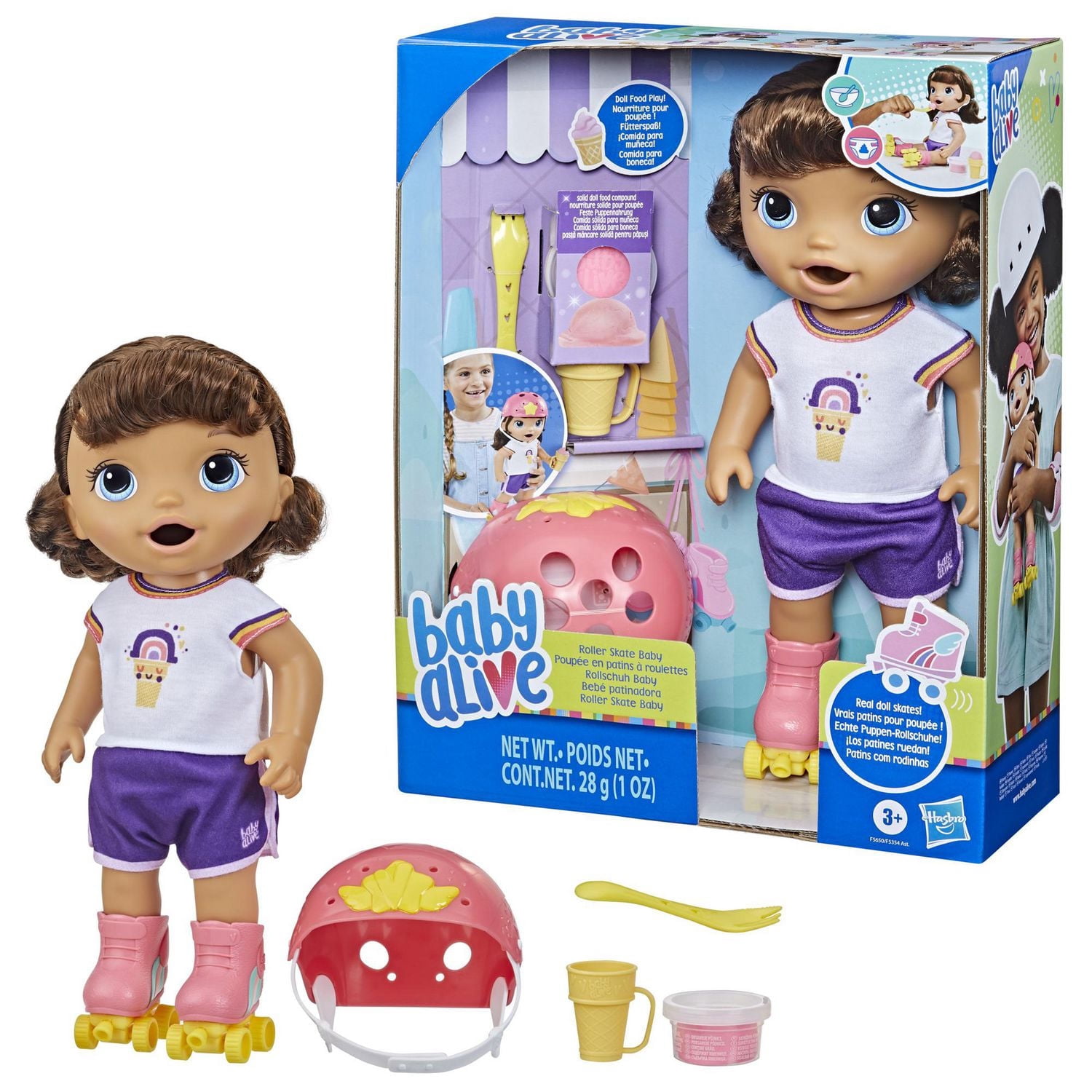 Baby Alive Poupée en patins à roulettes, 30 cm, pour enfants, dès 3 ans, mange et fait « caca », poupée avec patins à roulettes, cheveux bruns