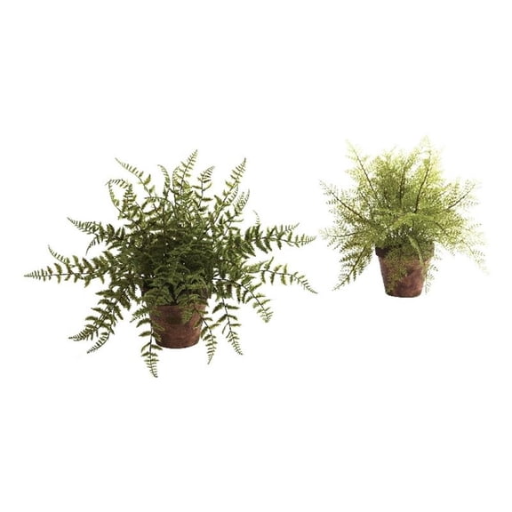 Nearly Natural Plastic 12" Fern Artificial Plant with Decorative Planter (Set of 2), Green