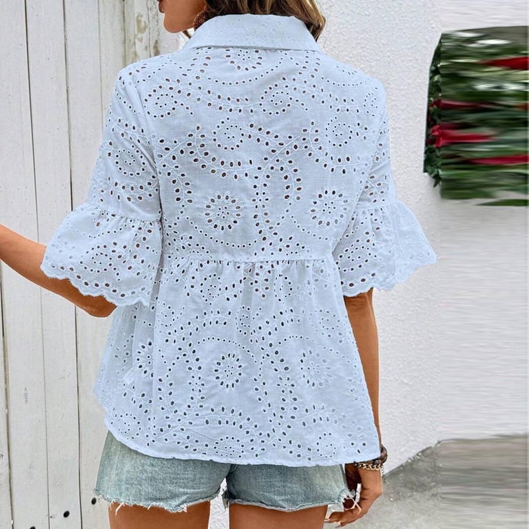 Button Down Shirts for Women Short Bell Sleeve Eyelet Lace
