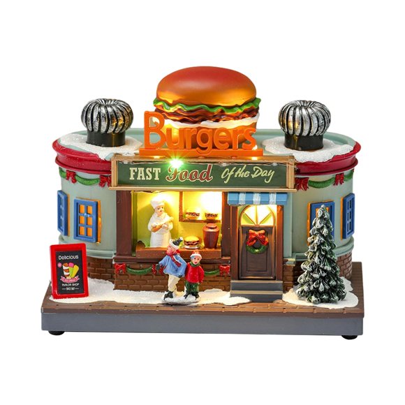 Estatua de pueblo navideño, regalo de Navidad, adorno navideño giratorio iluminado en la parte superior. Forma de hamburguesa