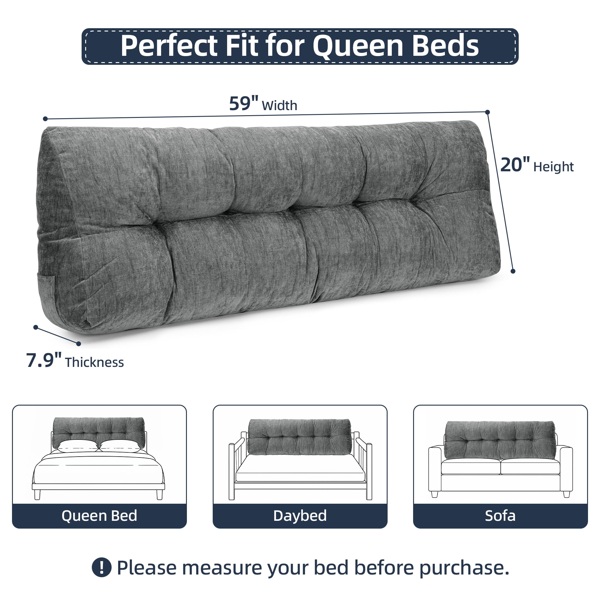 ROFIEJOX Queen Headboard Pillow, 59" x 20" x 7.9" Bed Backrest Pillow with Extra Removable Cover, Tufted Reading Pillow with Side Pockets, Gray