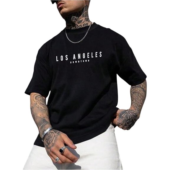 [2025 New Model]【Hot】Round-neck short-sleeved T-shirtGORGLITTER Men's Crewneck T Shirt Letter Graphic Short Sleeve Casual Drop Shoulder Oversized TeeHip-hop street style