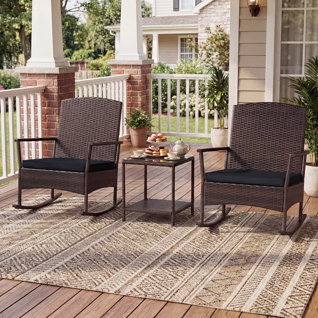 Gymax 3 Piece Patio Rocking Bistro Set 2 Rattan Armchairs w/ 2-Tier Tempered Glass Side Table