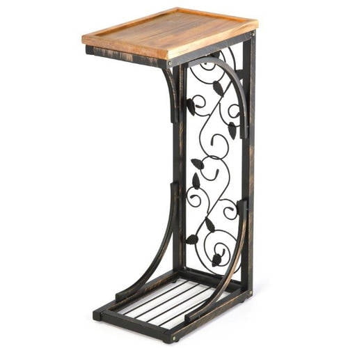 2’ Side Sofa Snack Table with Acacia Wood Top and Vine Motif by