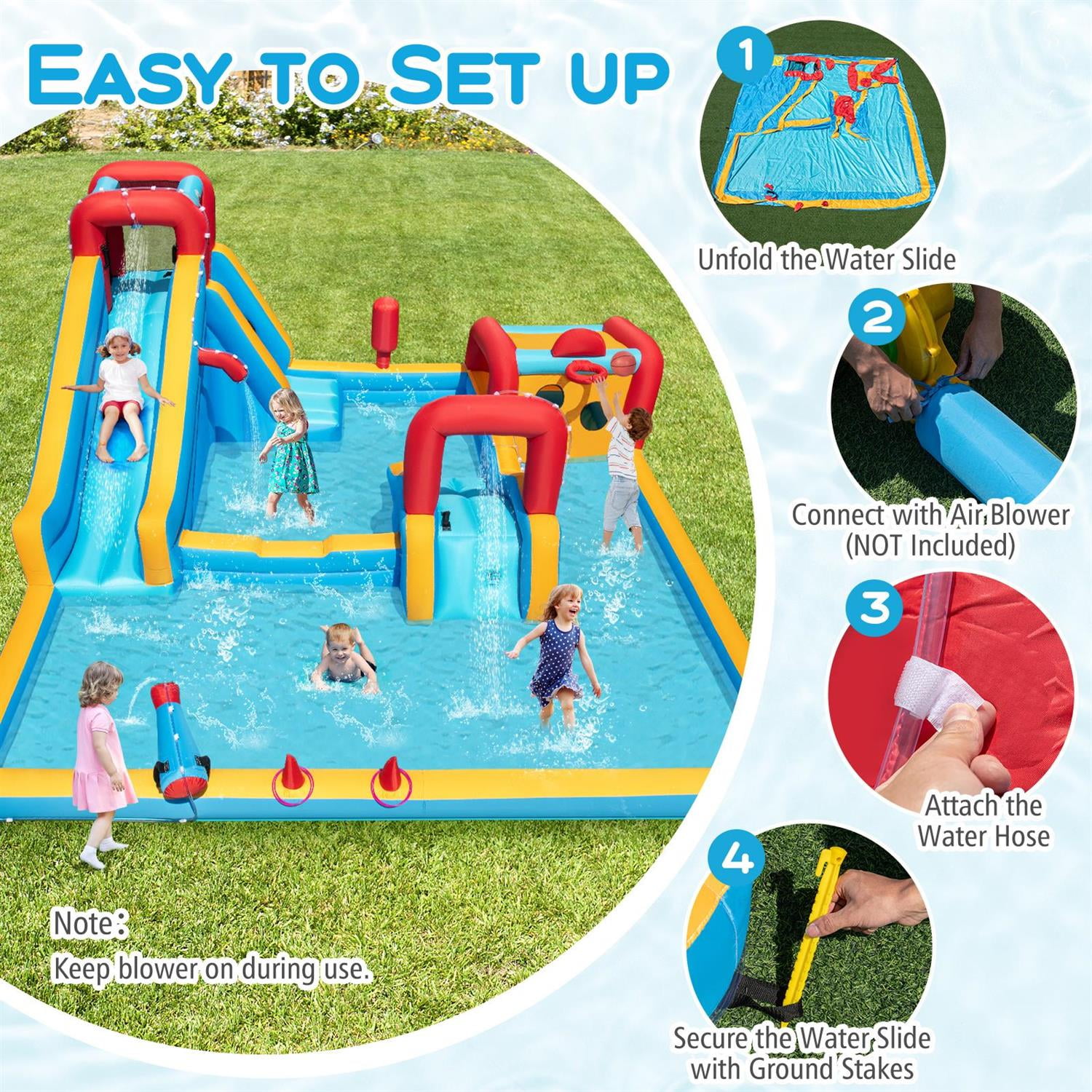 Demi Bonn 9-In-1 Giant Inflatable Water Slide, Climbing Wall + Obstacle Course + Sports Games, No Blower, Multicolor