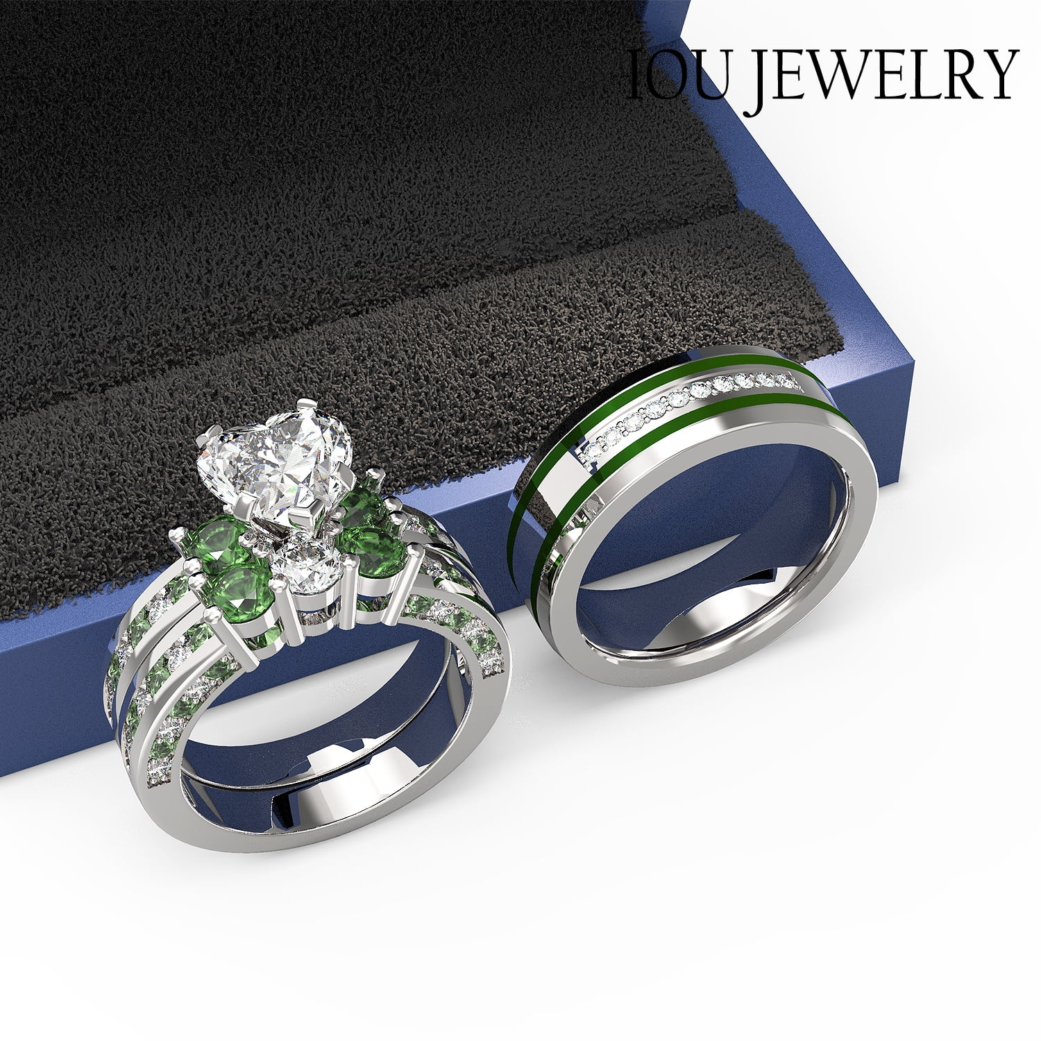 3pc Couples Wedding Ring Sets His And Hers Women Sterling Silver Blue Moissanite and men Wedding Bands Together With Ring Gift Jewelry Box