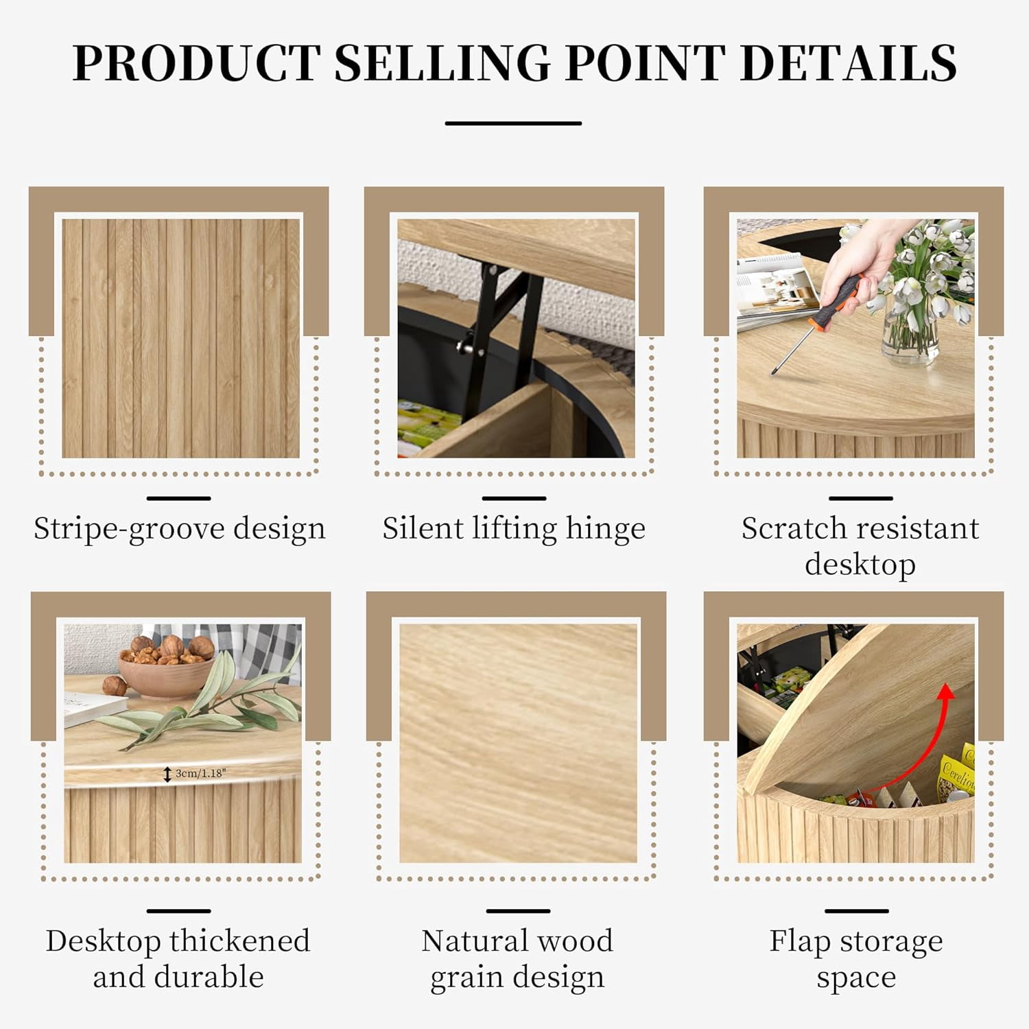 Round Coffee Table for Living Room, Farmhouse Lift Top Coffee Table, Fluted Center Table with Storage (Wood)