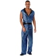 thumbnail image 6 of TiaoBug Men's Retro 70s Outfit Disco Dance Jumpsuit Sleeveless Shiny Metallic V-Neck Bodysuit Clubwear Blue L, 6 of 7