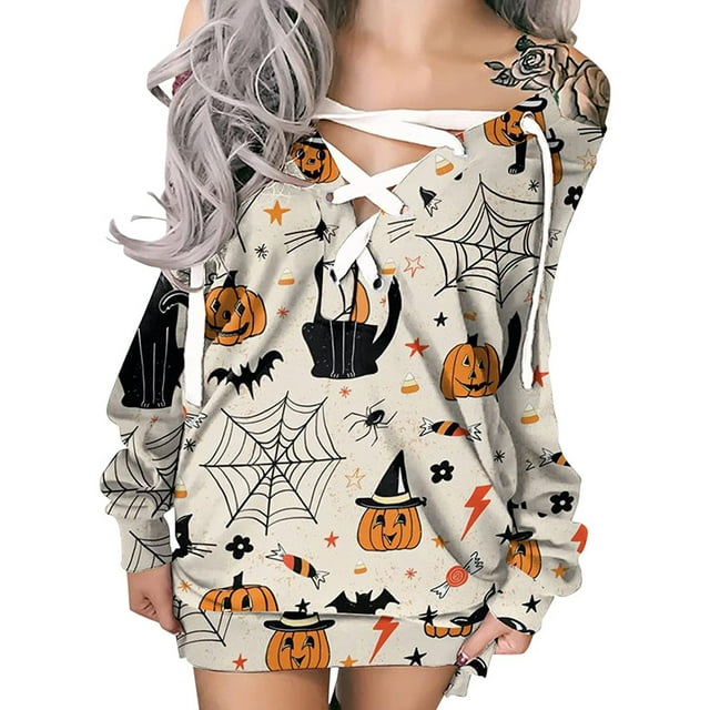FOCUSNORM Robe Imprimée d'Halloween pour Femmes Juniors, Mode à Nouer Col Rond Manches Longues une-Pièce