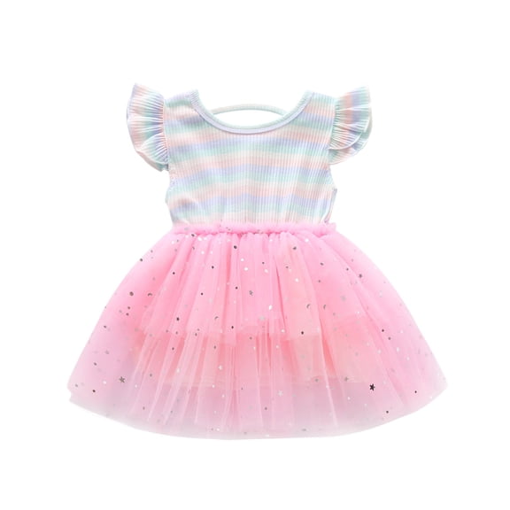 HBYJLZYG Flutter Sleeve Tulle Princess Dress, Toddler Baby Girls Ruffles Rainbow Striped Print Star Dress 6 Months-4 T