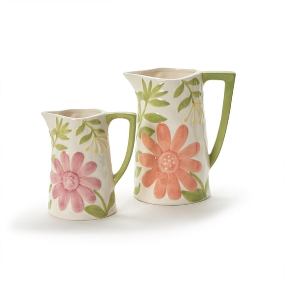 Two's Company Floribunda Pitchers with Floral Relief Design, Ceramic, Set of 2