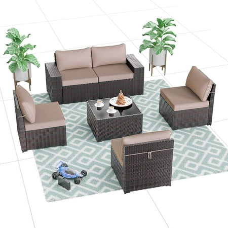Gotland Patio Furniture Sets 6 Pieces Patio Sectional Outdoor Furniture Patio Sofa Chairs Set All Weather PE Rattan Wicker Couch Conversation Set Sand