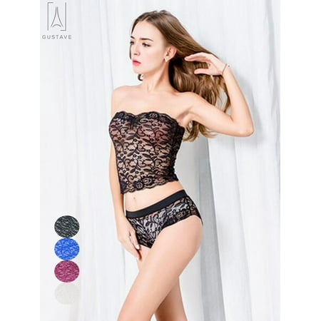 GustaveDesign Women plus size Sexy Lingerie  Two-Piece Lace Babydoll Bra and Panty Sleepwear Sets  Fashion Lace Flower Nightwear  Black  L