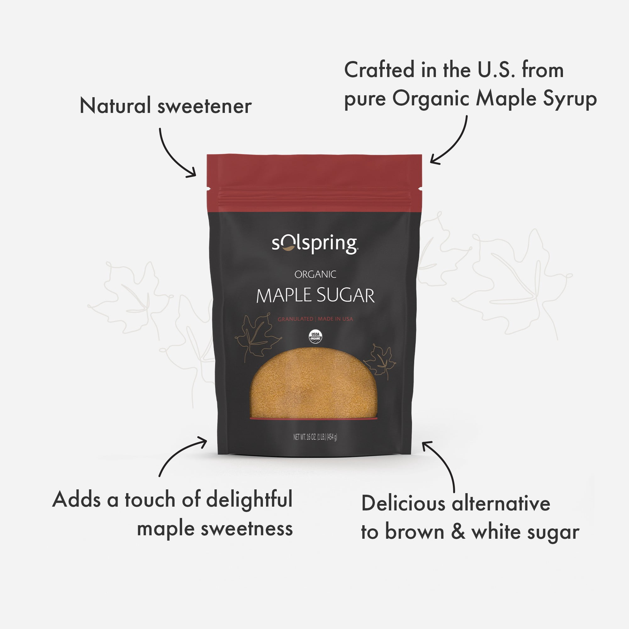 Dr. Mercola Solspring Organic Maple Sugar, 16 oz, Granuated, Made in U.S.A, Sugar Alternative, Certified USDA Organic, 2 Pack