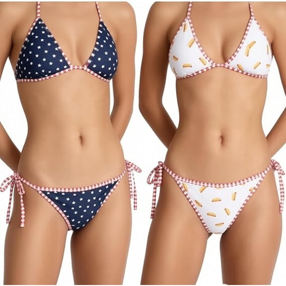 4th of July Swimsuit Womens Triangle String Bathing Suit Cute Bikini Tops Two Piece Reversible Star Striped Hotdog Print Cheeky Swimwear Patriotic Independence Day Beachwear