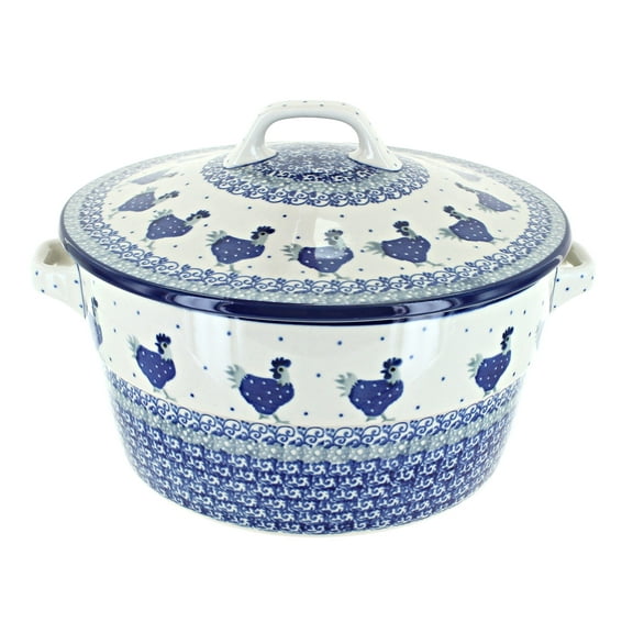 Blue Rose Polish Pottery Barnyard Rooster Covered Round Baker