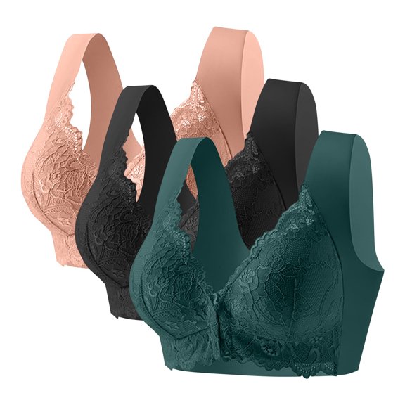 Yijfswar 3PC Front Closure Bras for Women No Underwire Push Up Lace Floral Bra Wireless Bralette T-Shirt Bra Everyday Bra
